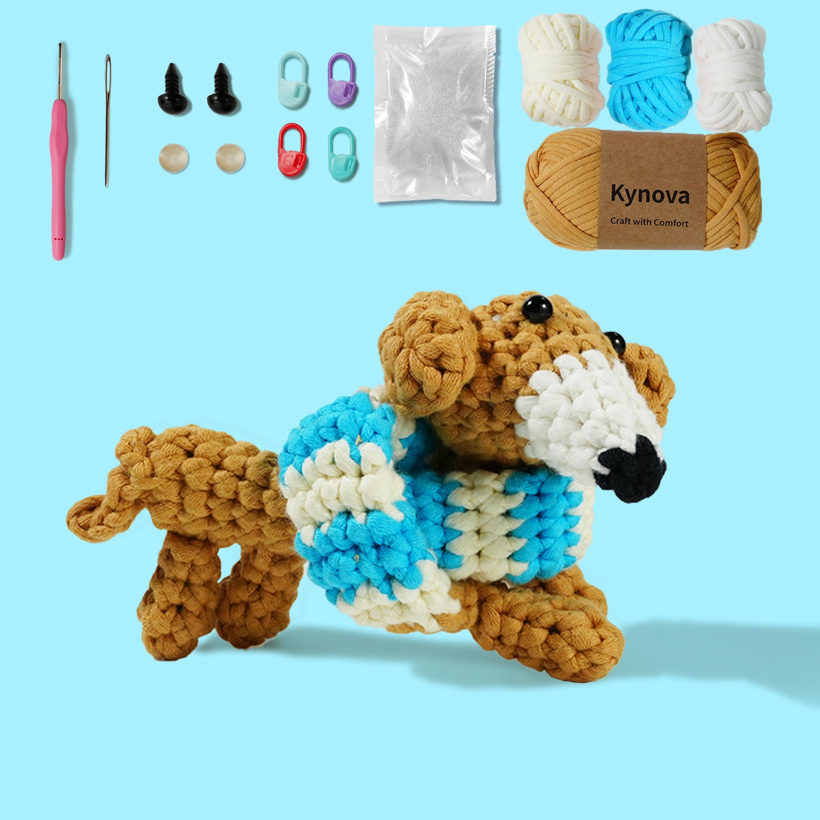 An image showcasing a crochet kit to create a long-neck dachshund plush toy. The kit includes yarn in various colors, crochet hooks, stuffing cotton, safety eyes, and other crafting materials.