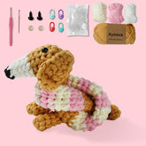 A crochet kit to create a long-neck dachshund, including yarn in various colors, crochet hooks, and other crafting supplies.