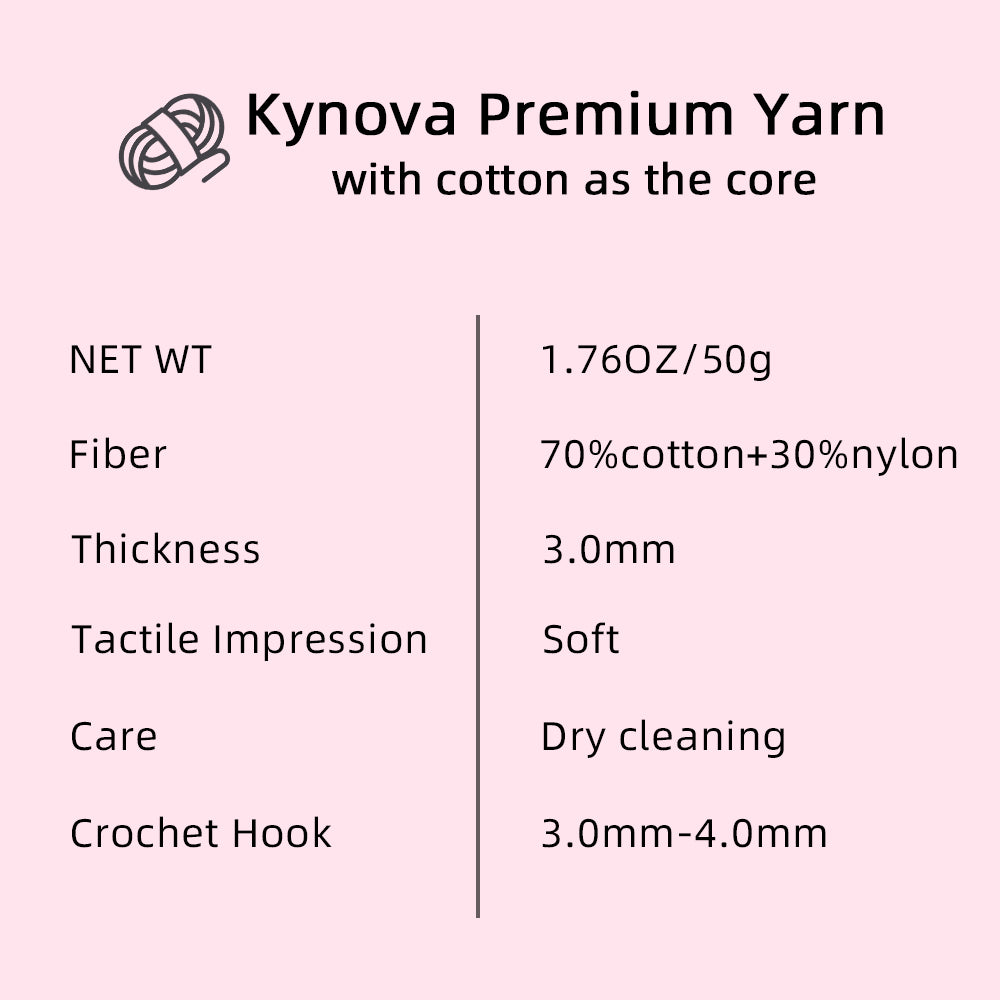 A skein of Kynova Premium Yarn in a pink hue, with the brand name and yarn details displayed.