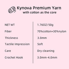 A skein of Kynova Premium Yarn in a pink hue, with the brand name and yarn details displayed.