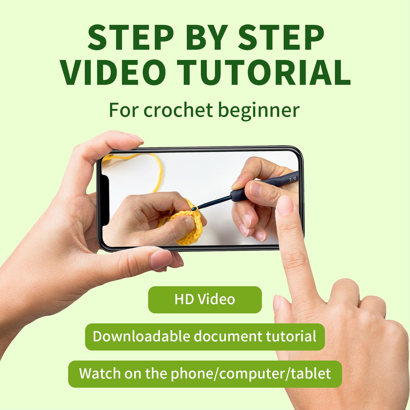 Promotional graphic for a step-by-step crochet tutorial with text and hands holding a phone.