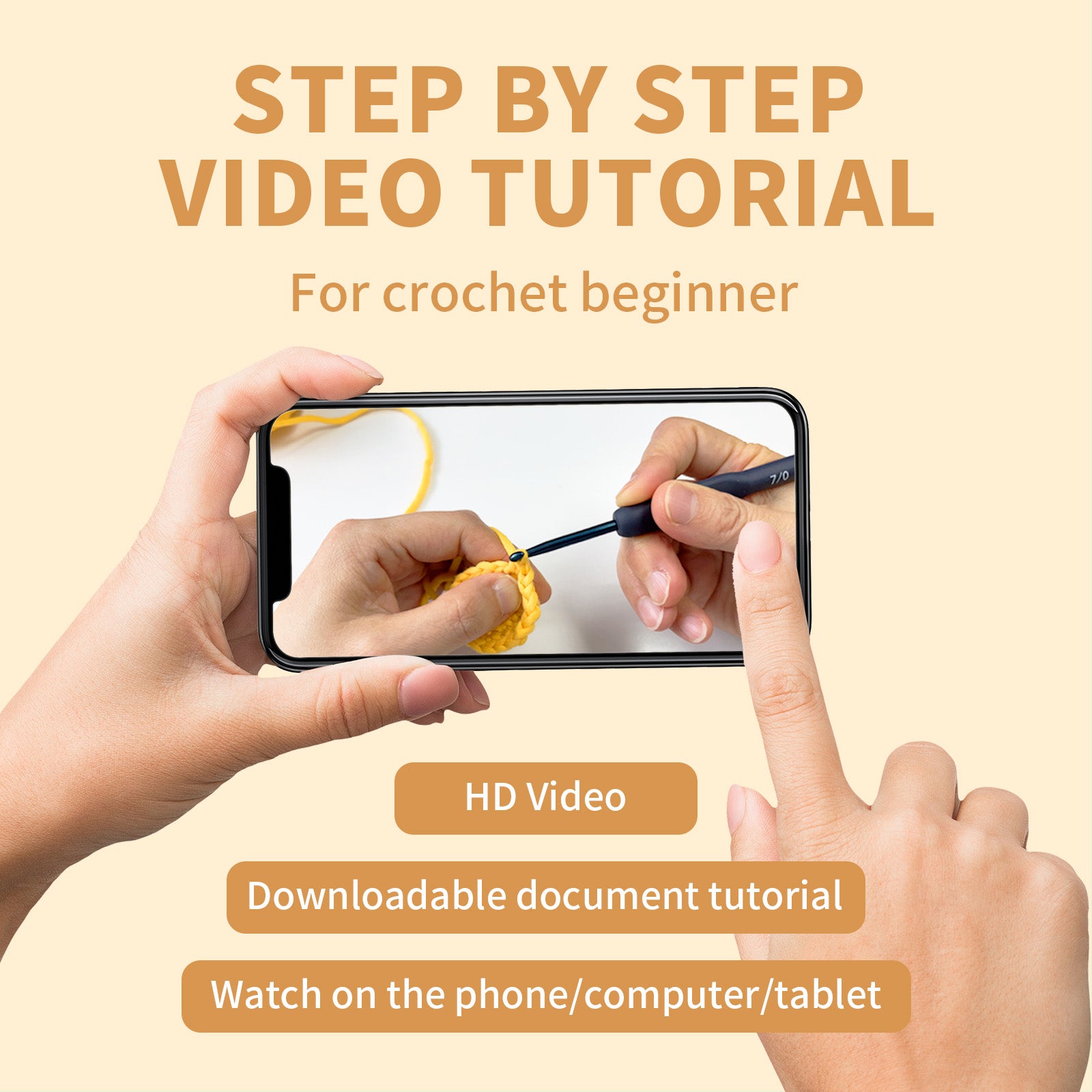 Step-by-step video tutorial for crochet beginners displayed on a smartphone with hands holding the phone.