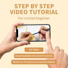 Step-by-step video tutorial for crochet beginners displayed on a smartphone with hands holding the phone.