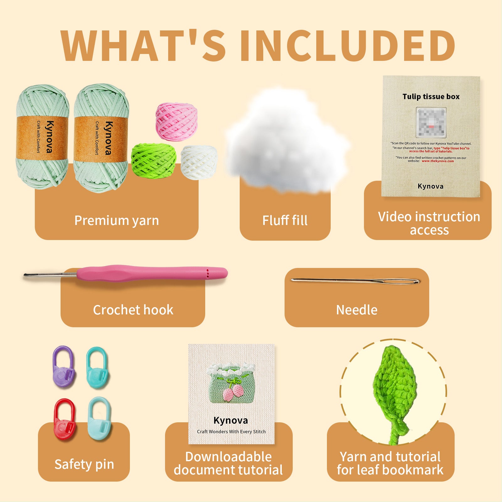 List of items included in a craft kit with yarn, crochet hook, and other supplies on a beige background.