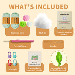 List of items included in a craft kit with yarn, crochet hook, and other supplies on a beige background.