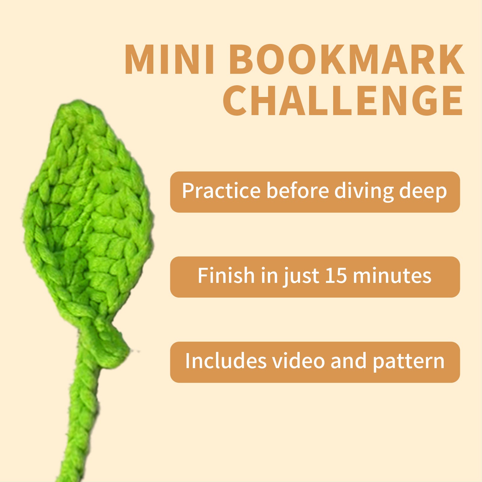 Green knitted bookmark with text about a mini bookmark challenge on a beige background