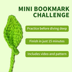 Green crocheted bookmark with text about a mini bookmark challenge on a green background