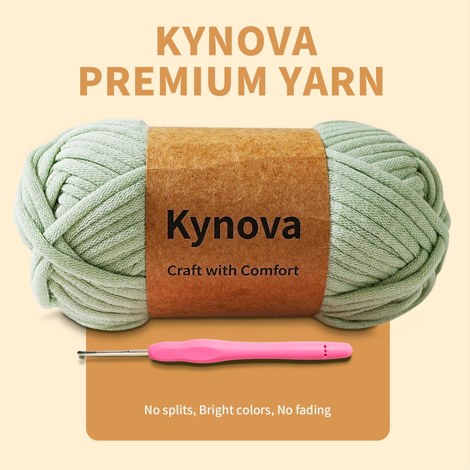 Kynova premium yarn with a pink crochet hook on a beige background