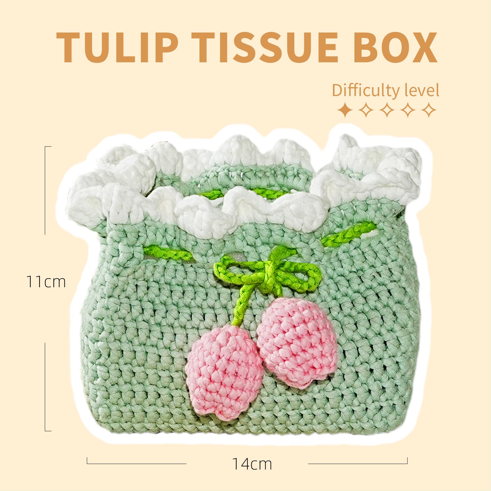 Crocheted tulip tissue box with dimensions on a beige background