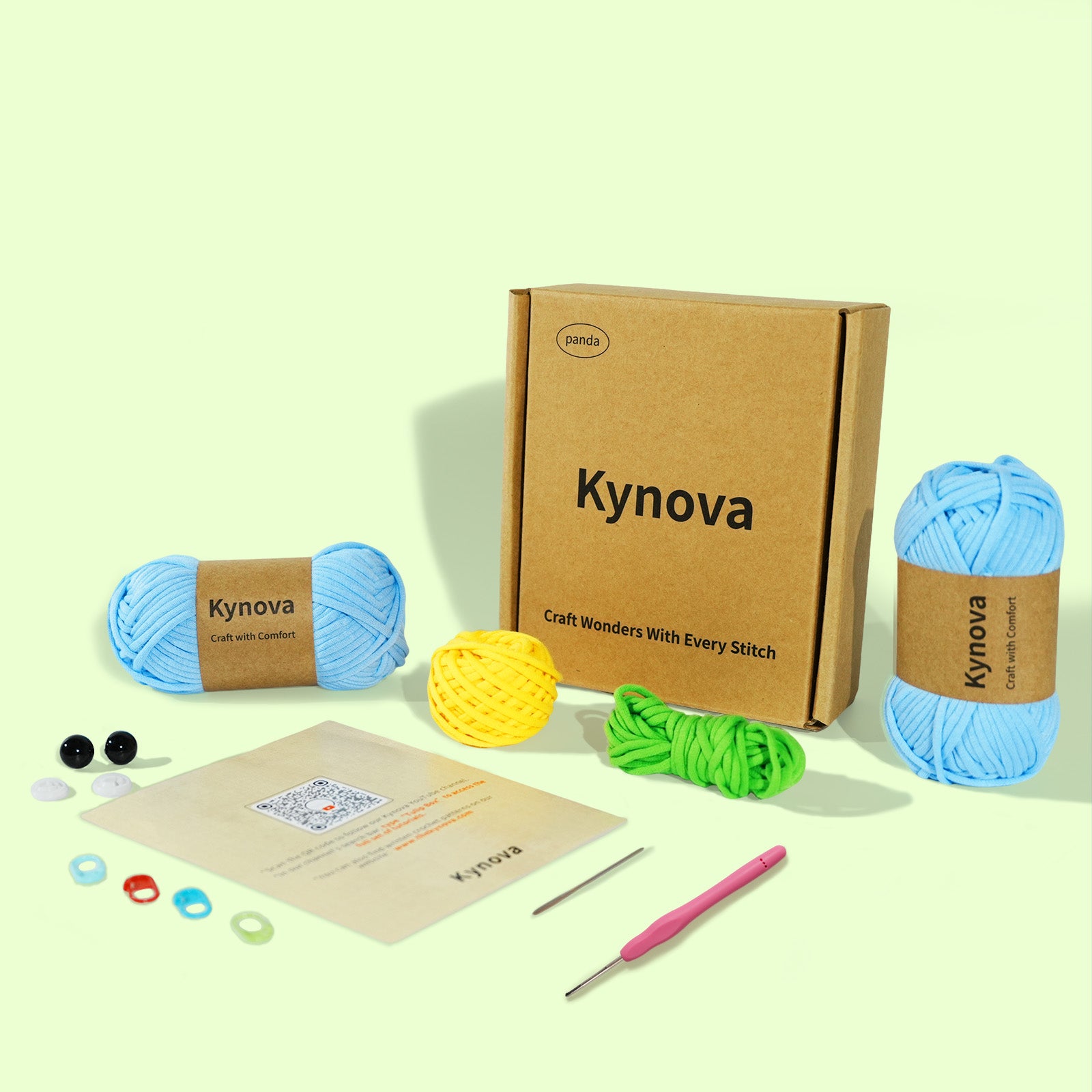 Kynova craft kit with yarn, tools, and packaging on a light green background