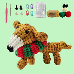 A crochet kit to create a long-neck dachshund, including yarn in various colors, crochet hooks, and other crafting supplies.