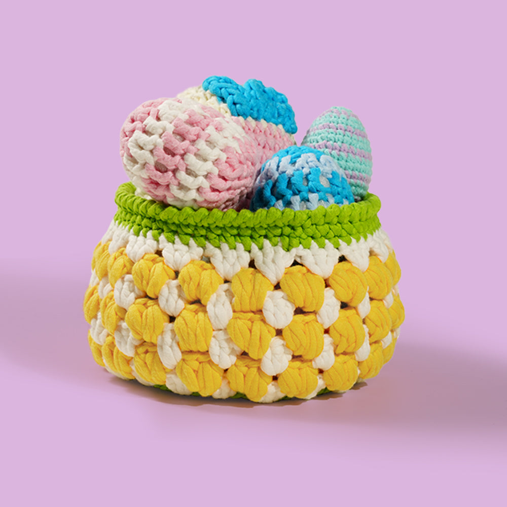 Handmade crochet Easter egg basket set – storage, pendant, and fridge magnet