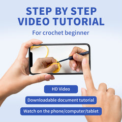 Step-by-step video tutorial for crochet beginners displayed on a smartphone with hands holding the phone.