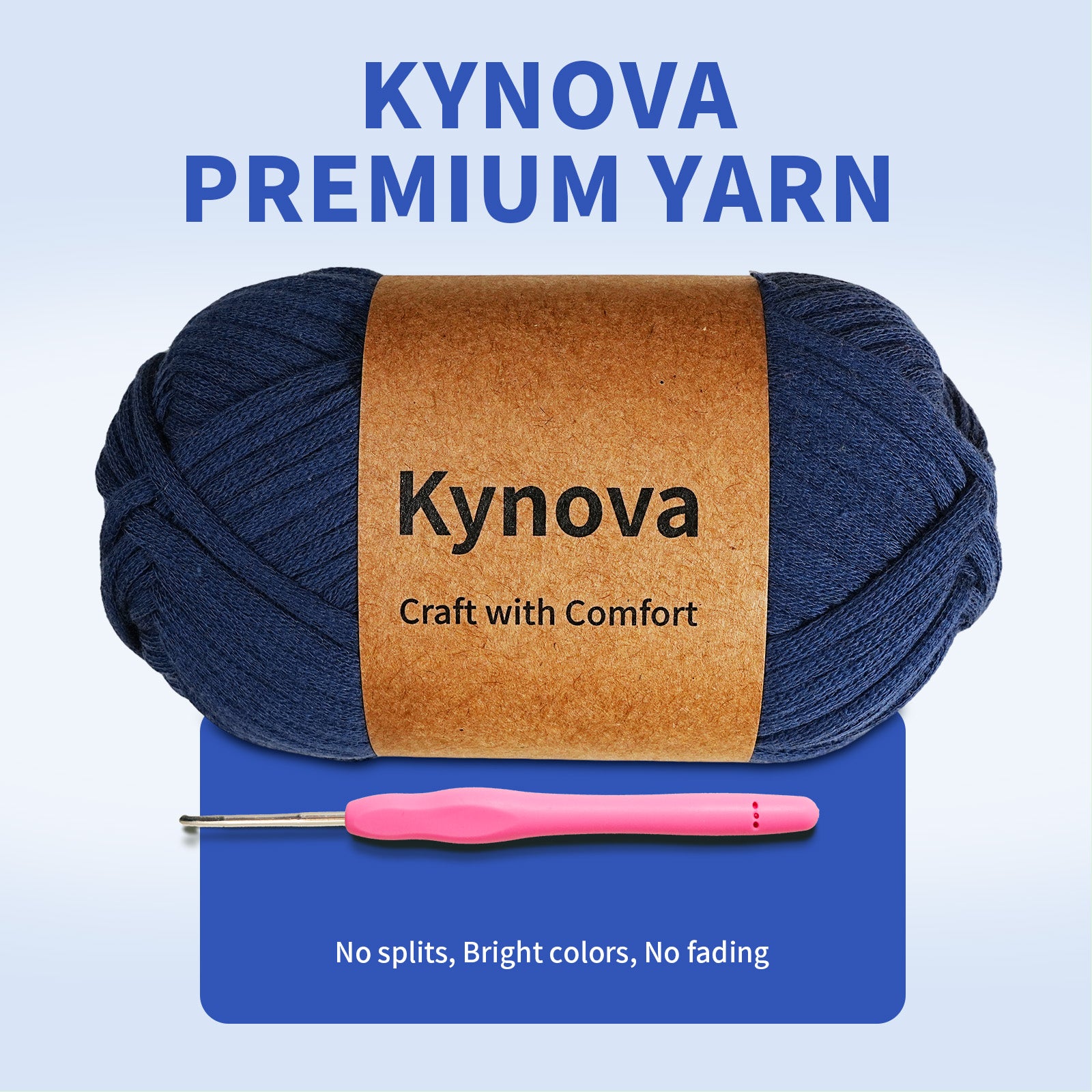 Kynova premium yarn ball with a pink crochet hook on a blue background