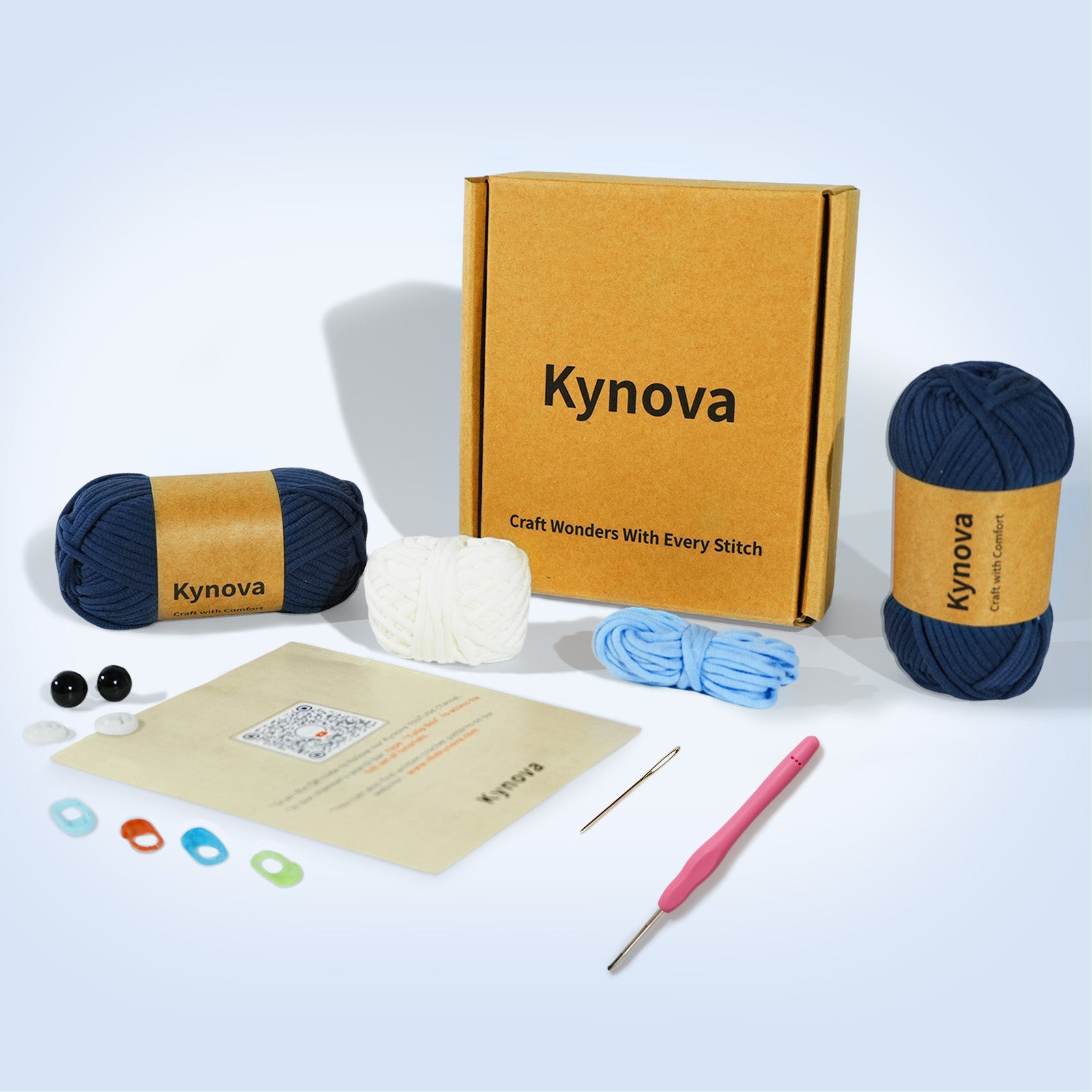 Kynova craft kit with yarn, tools, and accessories on a white background